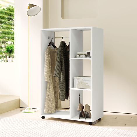 MODFU Armadio su ruote, 80x40x128 cm, 3 ripiani e 1 asta appendiabiti, pannello truciolare, bianco (1/5)