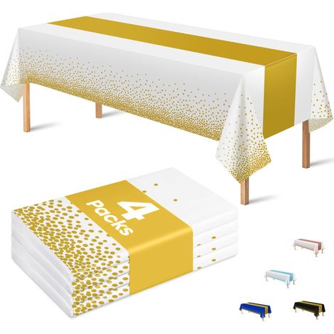 Lot de 4 nappes jetables en Plastique pour fête, Blanches, dorées, rectangulaires, pour Mariage, Anniversaire, Baby Shower, Barbecue, décoration de première Communion, 137,2 x 274,3 cm (1/5)