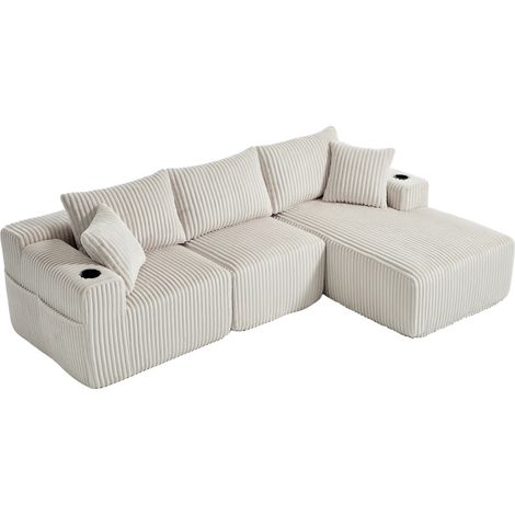 ELVMI Sofá Modular con Chaise Longue y 2 Plazas, 5 Cojines, Bolsillos Laterales y Portavasos, en Corduroy Beige (1/5)