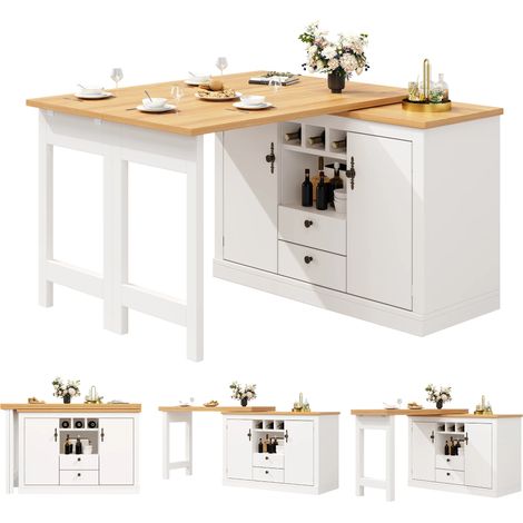 Îlot de Cuisine Extensible Multifonction,Table de bar Rotative 360°Réglable 120-180cm,Avec 2 tiroirs & Portes,Blanc