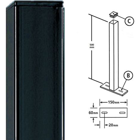 Square Flat Top Bolt-Down Blank Post, Any Railings - Solid Steel - L50 x W50 x H500 mm - Electro Galvanised/Black Powder Coated