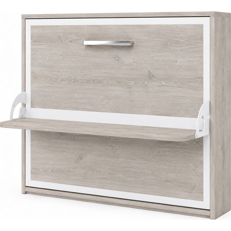 Lit escamotable horizontal avec bureau BONA - Ouverture automatique assistée - renforcé – Spécial location meublée Chêne gris Matelas mousse 18 cm-Avec matelas-90x200-Cadre Chêne gris-Façade Chêne gri (1/5)