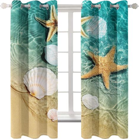 Rideaux à œillets exquis pour chambre d'enfant - Coquille bleue étoile de mer 67 x 79 pouces - Rideaux 3D - Rideaux perforés opaques d'intérieur - Isolation et réduction du bruit - Applicable à la cha (1/5)