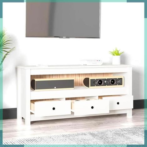 821503 Meuble TV Blanc 114x35x52 cm Bois de pin massif (1/5)