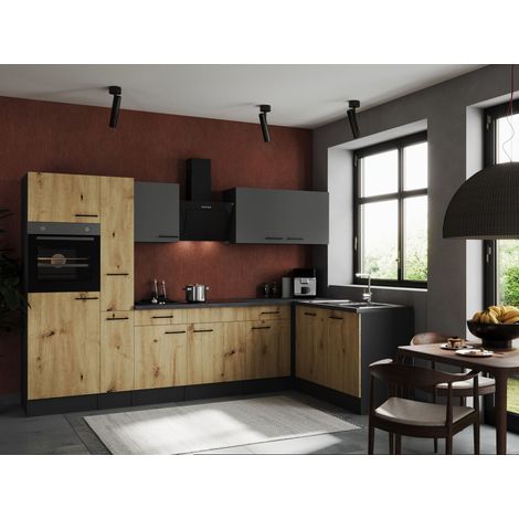 Küche Küchenzeile Winkelküche Grau Matt Artisan Eiche Oliver 310x172 cm Respekta