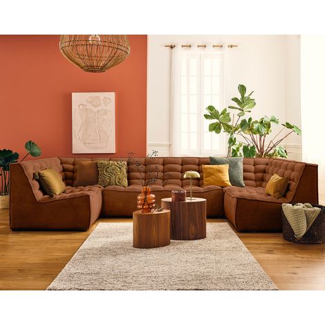 Lisa Design – Canapé modulable panoramique 7 places en velours texturé – Angle réversible – Dimensions 346x173cm – Couleur terracotta
