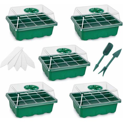 Mini-Gewächshaus für Pflanzen, 5 Stück, 12 Zellen, Setzlingsschale für den Innenbereich, Setzlingsschale, Anzuchtkasten mit robustem Deckel und Belüftung (1/4)