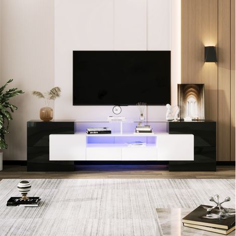 Mueble TV 200x35x60 cm negro y blanco en tablero de partículas con LED, 4 puertas, 2 cajones y efecto brillo (1/5)