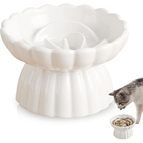 Bol en céramique anti-glouton pour chat surélevé, bol, bol, bol pour chat, pour chats et petits chiens - Blanc, 14 x 8,5 cm (1/5)