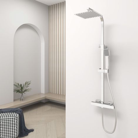 Acezanble Bathroom Thermostatic Mixer Shower Set All Square Chrome Twin Head Exposed Valve - Silver (1/9)