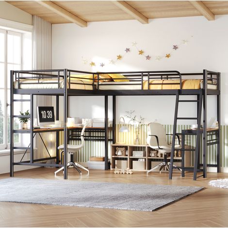 Hochbettanlage für 2 Personen 90 x 200 cm mit 2 Schreibtischen Metall und MDF Schwarz OKWISH (1/5)