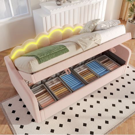 Cama individual 90/200 cm rosa de terciopelo y MDF con almacenaje hidráulico y LED (1/5)
