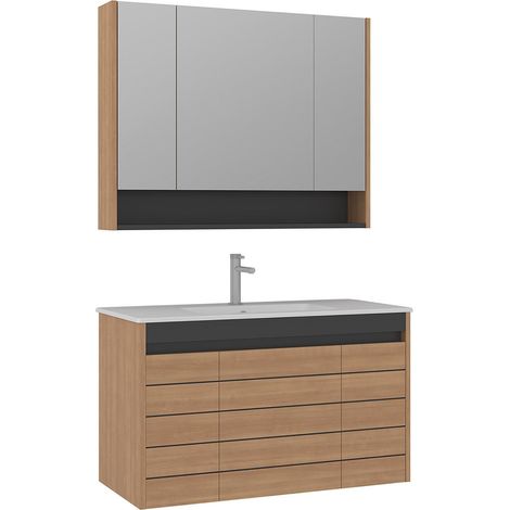 Ensemble Meuble Vasque avec Miroir (2 Pièces) "Ricato 100" - cm - Oak (1/4)