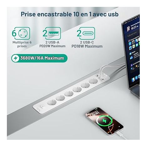 Prise encastrable de Bureau, multiprise escamotable 6 Prises + 4 USB (2 USB-C 20W), câble 2 m, Montage affleurant – Tables, Meubles (1/4)