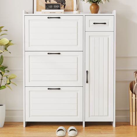 Meuble à chaussures 3 abattants 92x24x121 cm, meuble d'entrée avec 1 porte, 1 tiroir et étagères réglables, poignées métal, MDF/PB, blanc (1/5)