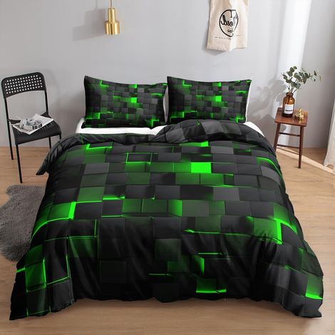 Bettwäsche-Set 155x220 cm Schwarz Grün 3D Würfel Muster Mikrofaser mit Reißverschluss