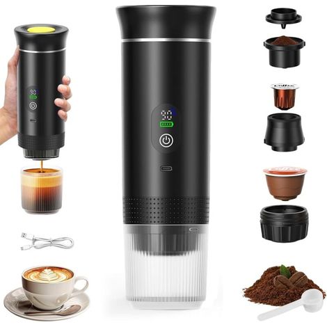 Cafetière Portable 3 en 1,Rechargeable Cafetière Portable de Voyage,12V Expresso Machine a Cafe pour Capsule,Café Moulu,pour Camping,Voyage,Bureau,Voiture,Maison - Noir