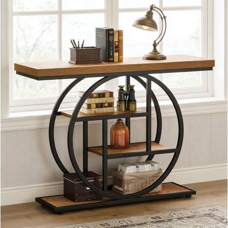 Mesa consola 105x30x80 cm negro y marrón claro en metal y madera con 4 niveles (1/5)