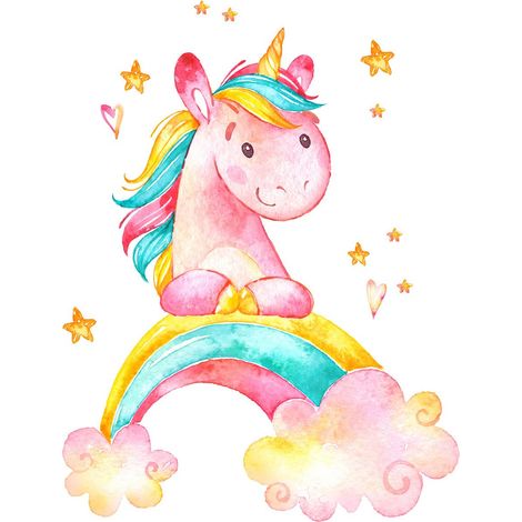 Tableau chambre bébé multicolore | Tableau licorne rose chambre de fille | Tableau sur toile animaux coloré chambre enfant - 0,5 x 0,7 m (1/2)