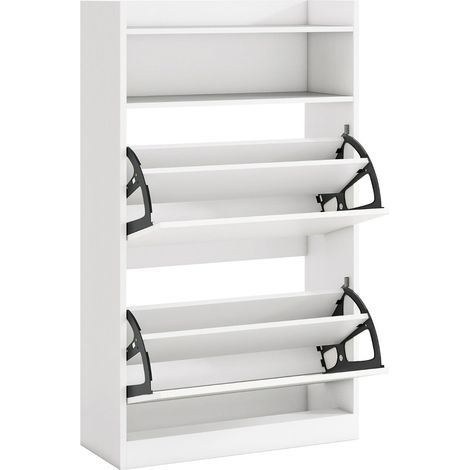 Meuble à chaussures mince avec 2 tiroirs abattants 60 x 24 x 102 cm gain de place design moderne en bois blanc