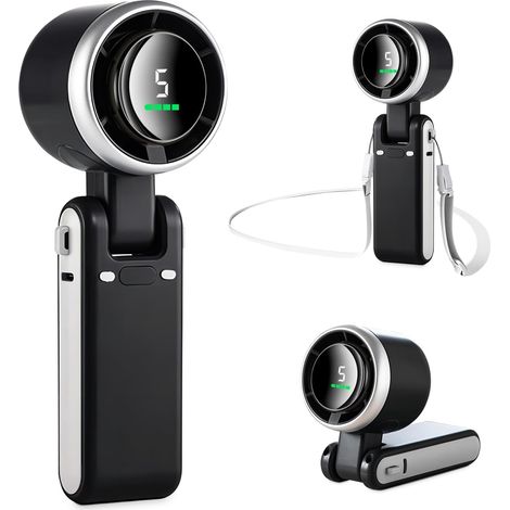 Ventilateur portable noir 12h 5 vitesses puissantes, rechargeable 3600mAh, moteur sans balais, idéal pour camping et voyage