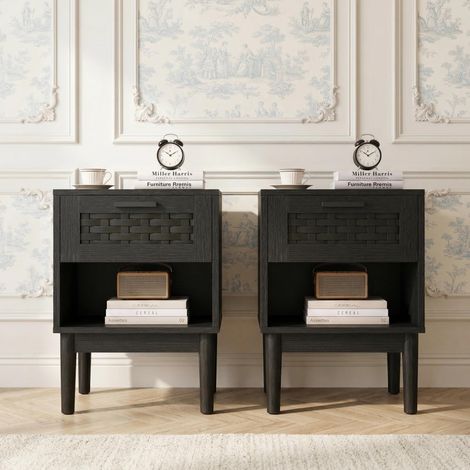 Pack de 2 Mesitas de Noche Negras con Cajón de Ratán y Patas de Madera, Estilo Nórdico Bohemio para Dormitorio