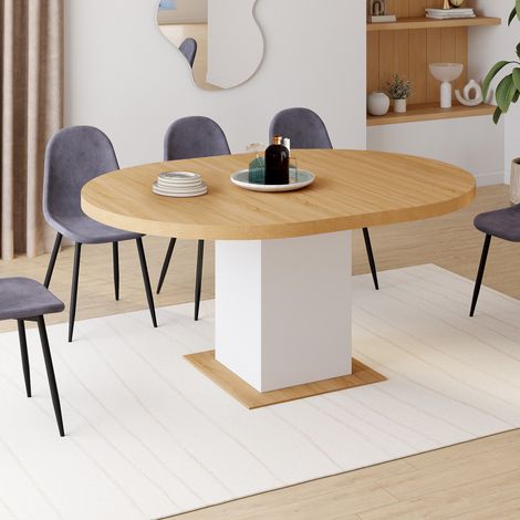 Mesa de comedor redonda extensible EDEN 4-8 personas madera y blanco 120-160 cm