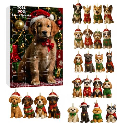 hond adventskalender 2026 - 24 stuks - meerkleurig - acryl materiaal - 7cm mini hangornamenten - honden met kerstkleding ontwerp - kerstboom hangdecoratie - geschikt voor kerstfeest en interieur decor (1/5)