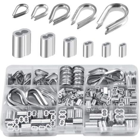 Confezione da 250 capicorda in alluminio per funi metalliche in 6 diverse misure - Assortimento di manicotti a doppio barilotto e capicorda di 5 diverse misure per funi metalliche dengyank-Crezuo