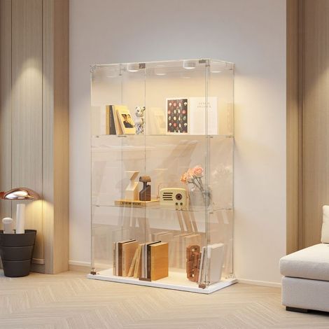 LED-Glasvitrine, Doppeltüren, 3 Regale, Präsentationsschrank für das Wohnzimmer, für Sammlungen, 123 x 78 x 35cm, Weiß