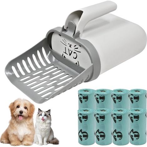 Pelle à litière pour chat avec bac de récupération – Pelle à litière pour chat – Nettoyage de la litière – Ergonomique et facile à nettoyer – Avec 8 rouleaux de sacs – Grise (1/5)