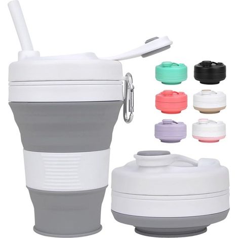 Tazza da viaggio pieghevole per attività all'aperto con coperchio in cannuccia, 600 ml, grigia (1/5)