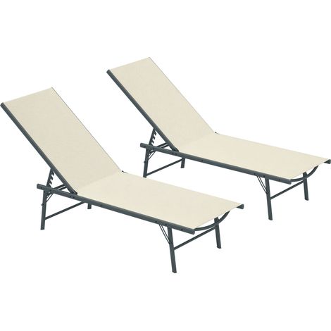Ensemble de 2 chaises longues pliantes et inclinables à 5 positions, structure en métal et assise en maille respirante, couleur crème. pour rangement extérieur d'outils, accessoires de jardin et ma...