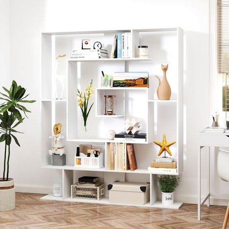 GOPLUS Bibliothèque Géométrique avec Cubes Ouvertes, Bibliothèque Étagère avec 2 Kits Anti-Basculement, Moderne pour Salon, Bureau, 125x22x150cm (Blanc) (1/5)
