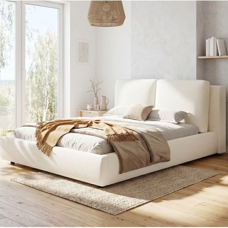 Letto matrimoniale imbottito 180x200 cm con rete e testiera imbottita beige bouclé OKWISH (1/5)