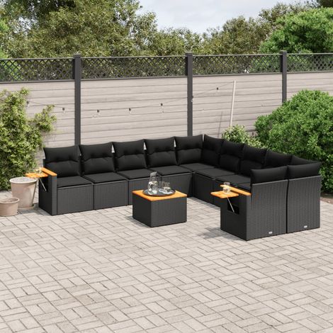 11-tlg. Garten-Sofagarnitur mit Kissen Schwarz Poly Rattan (1/3)