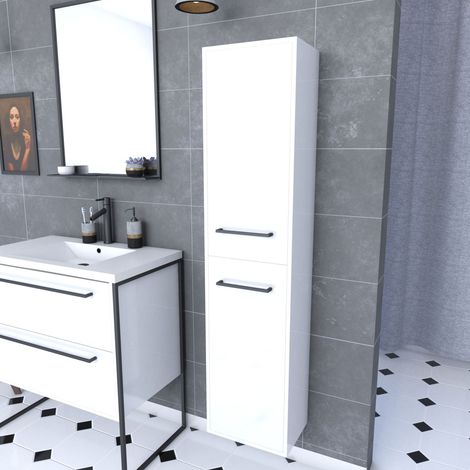 30x35x150 cm Colonna da bagno bianca - 2 porte bianche Maniglie nere opache - Structura P015