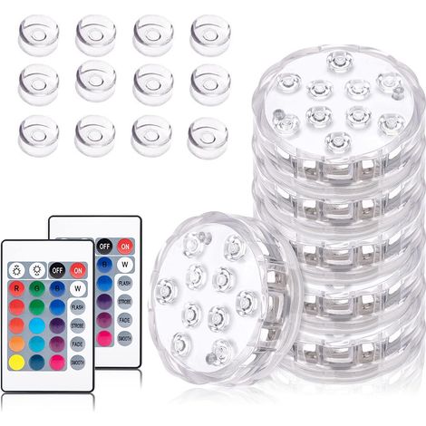 Paquete de 6 luces LED sumergibles, 10 LED de 16 colores RGB con 12 ventosas y 1 control remoto RF, IP68, impermeables para estanques, acuarios, spas, piscinas y jardines.