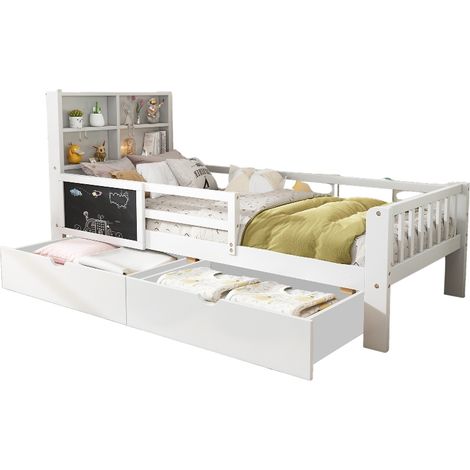 Kinderbett 90x200 weiß mit Schubladen und Rausfallschutz, Massivholz Funktionsbett inklusive Lattenrost, Tafel und Stauraum für Kinderzimmer (1/5)