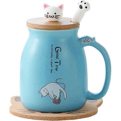 Mug Chat Mignon en Céramique avec Couvercle Chat, Cuillère Patte de Chat, Dessous de Verre Kawaii, Mug Original pour le Matin, le Thé ou le Lait, Noël, Bleu (1/5)