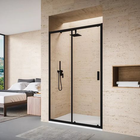 Cabine de douche 105 cm coulissante profilés noir mat verre transparent 6 mm h185 Tonga (1/4)