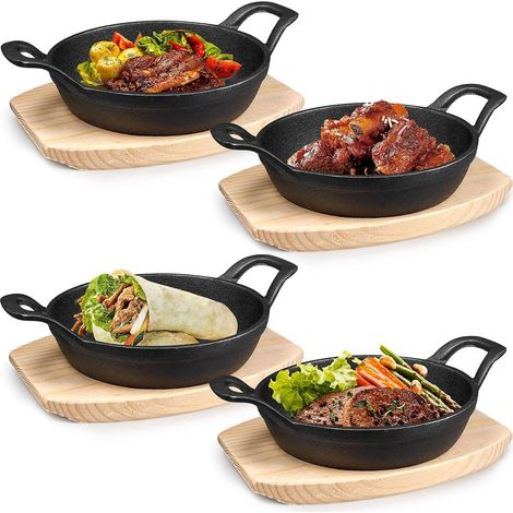 Lot de 4 Mini Poêles en Fonte 16 cm avec Base en Bois – Poêles Fajitas Rondes Antiadhésives pour Four, Grillade et Service Chaud, Cuisine Intérieure et Extérieure (1/5)