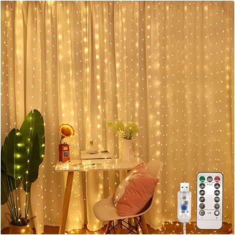 Guirlande lumineuse de 300 LED (blanc chaud), rideau de Noël USB 3 x 3 m pour usage intérieur, 8 modes d'intensité avec télécommande, étanche (1/5)