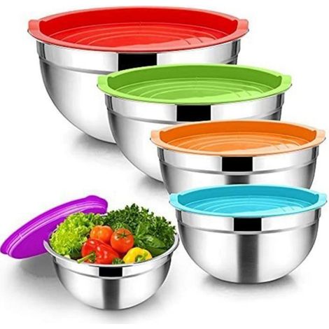 Bol à MéLanger 5PièCes, Saladier en Acier Inoxydable Bol de Service Empilable avec Couvercles HerméTiques pour la Cuisine, la (1/4)