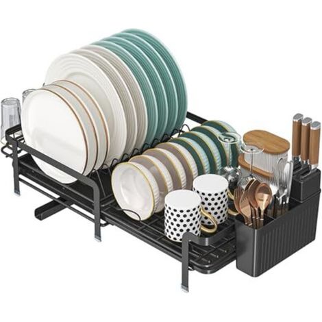Égouttoir à vaisselle extensible en acier inoxydable avec bac d'égouttage et panier à couverts (noir) (1/4)