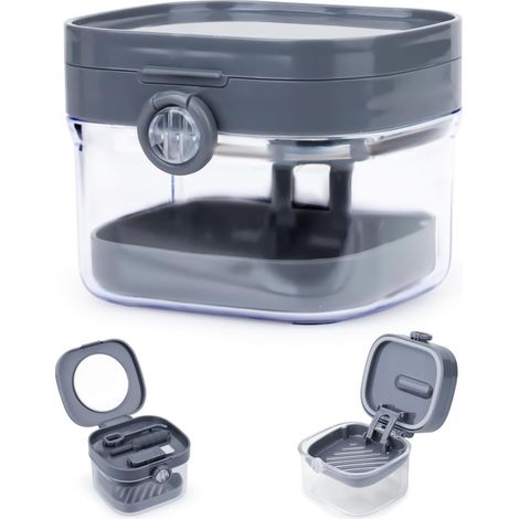 Étui de retenue 2 en 1 pour prothèses dentaires, protège-dents, aligneur de dents, conteneur, organiseur, tasse de prothèse avec miroir pour tremper les fausses dents, gris foncé (1/5)