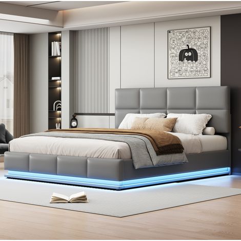 MEUBLIV Lit double 180 x 200 cm rembourré lit adulte avec LED et coffre de rangement hydraulique, tête de lit réglable, Cuir PU gris (1/5)