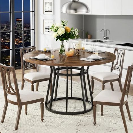 Runder brauner Esstisch 120 x 75 cm, schwarzes zylindrisches Metallgestell, für 4 Personen, ideal für Küche, Wohnzimmer oder Esszimmer