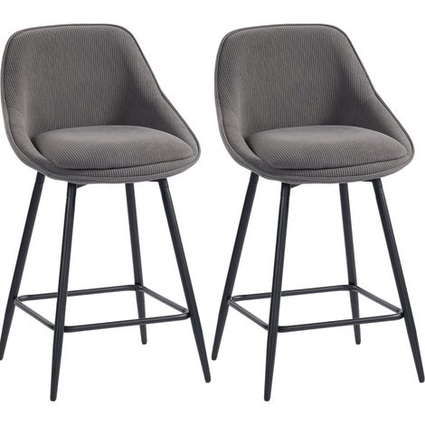 Lot de 2 tabourets de bar pivotants en tissu côtelé gris, avec dossier, accoudoirs, repose-pieds et pieds en acier pour cuisine, îlot et bar - CHICFURN (1/5)