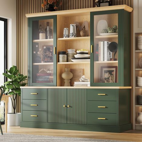 Credenza da cucina 140 x 40 x 185 cm, mobile alto con 6 grandi cassetti, ante in vetro, dispositivo antiribaltamento, mobile contenitore per cucina, sala da pranzo, stile moderno, MDF, verde (1/5)